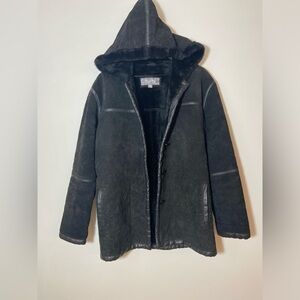 Wilson's Leather Suede Black Women's Coat with Faux Fur Lined Hood Sz S Heavy